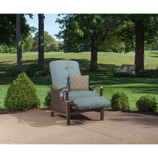 Hanover Lounge Chairs Hanover -Ventura Outdoor Luxury Recliner | with Pillow Accessory, All-weather, Resin Weave |  Brown/Ocean Blue |  VENTURAREC-BLU
