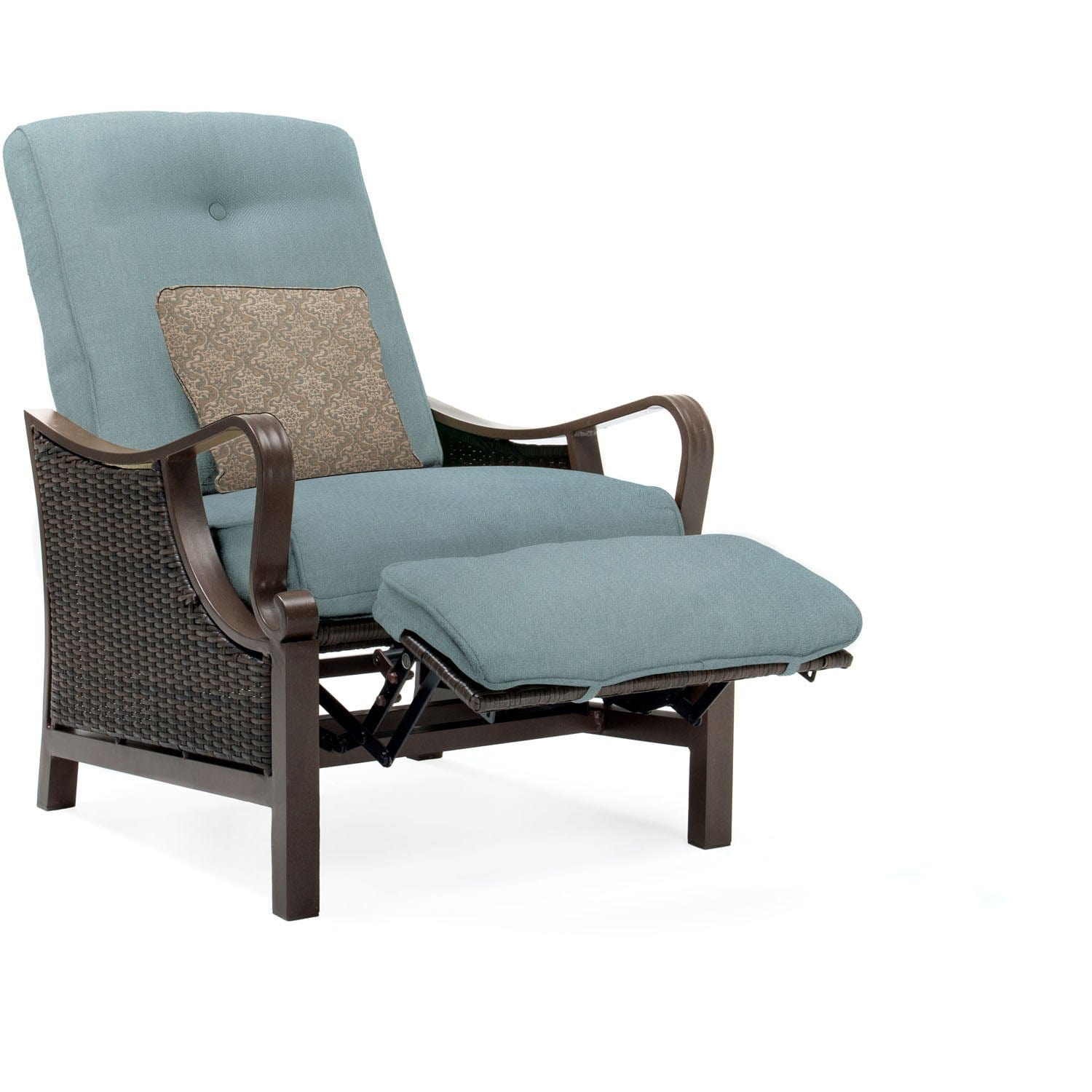 Hanover Lounge Chairs Hanover -Ventura Outdoor Luxury Recliner | with Pillow Accessory, All-weather, Resin Weave |  Brown/Ocean Blue |  VENTURAREC-BLU