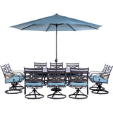 Hanover Ocean Blue Montclair11pc: 10 Swivel Rockers, 60"x84" Table, Umbrella, Umb Base