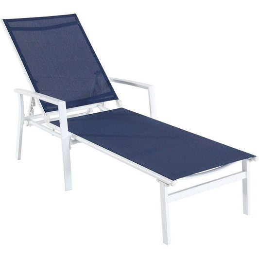 Hanover Outdoor Chairs Hanover Naples Adjustable Sling Chaise in Navy Blue Sling and White Frame
