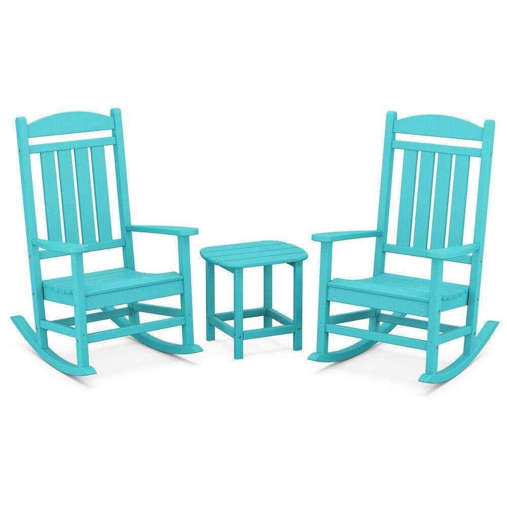 Hanover Outdoor Chairs Hanover Pineapple Cay All-Weather Porch Rocking Chair Set with 2 Rockers and an 19" x 15" Side Table in Blue