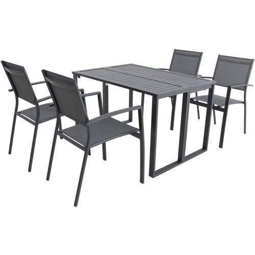 Hanover Outdoor Dining Set Conrad 5-Piece Compact Outdoor Dining Set w/ 4 Stackable Sling Chairs and Convertible Slatted Table, Gray Frame / Gray Sling - CONDN5PC-GRY