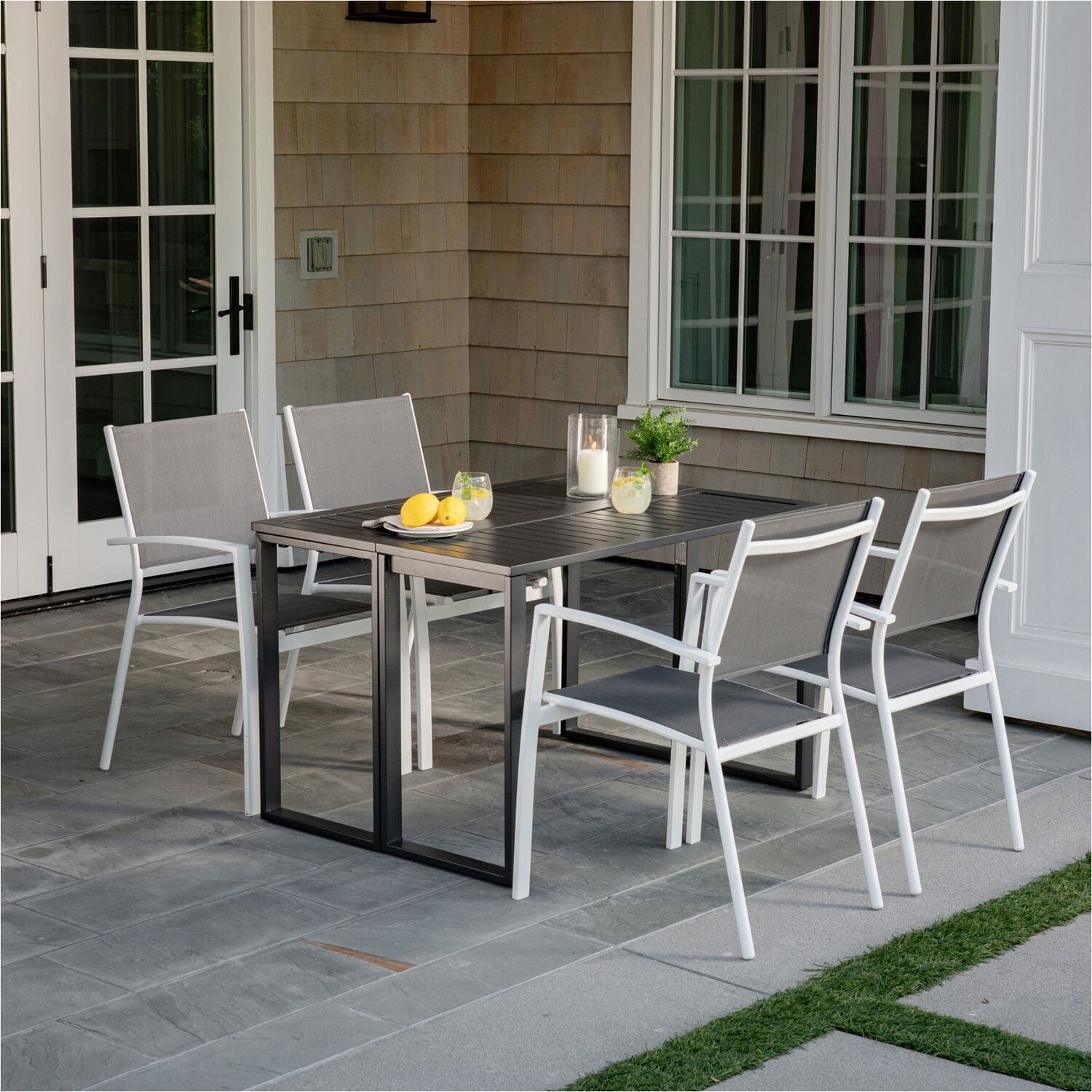 Hanover Outdoor Dining Set Conrad 5-Piece Compact Outdoor Dining Set w/ 4 Stackable Sling Chairs and Convertible Slatted Table, White Frame / Gray Sling CONDN5PC-WHT | CONDN5PC-WHT