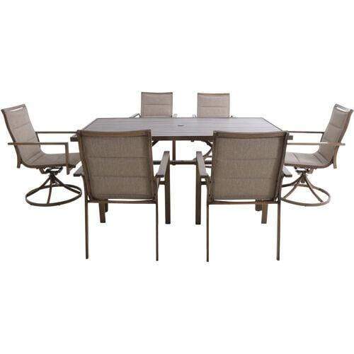 Hanover Outdoor Dining Set Fairhope 7-Piece Outdoor Dining Set with 4 Sling Chairs, 2 Sling Swivel Rockers and a 74-In. x 40-In. Trestle Table, Tan - FAIRDN7PCSW2-TAN