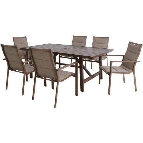 Hanover Outdoor Dining Set Fairhope 7-Piece Outdoor Dining Set with 6 Padded Contoured-Sling Chairs and a 74-In. x 40-In. Trestle Table, Tan