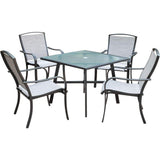 Hanover Outdoor Dining Set Foxhill 5-Piece Commercial-Grade Patio Dining Set with 4 Sling Dining Chairs and a 38" Square Glass-Top Table, FOXDN5PCG-GRY