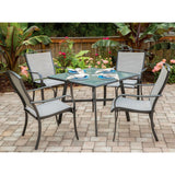 Hanover Outdoor Dining Set Foxhill 5-Piece Commercial-Grade Patio Dining Set with 4 Sling Dining Chairs and a 38" Square Glass-Top Table | FOXDN5PCG-GRY