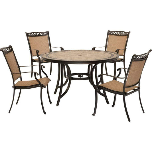 Hanover Outdoor Dining Set Hanover - 5 Piece Dining Set: 51" round tile top table, 4 sling dining chairs, includes cover FNTDN5PCTN-SC