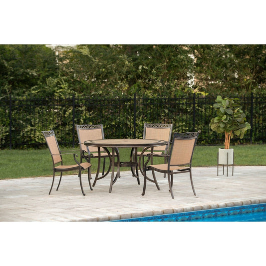 Hanover Outdoor Dining Set Hanover - 5 Piece Dining Set: 51" round tile top table, 4 sling dining chairs, includes cover | FNTDN5PCTN-SC