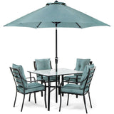 Hanover Outdoor Dining Set Hanover - 5pc Dining Set: 4 Chairs, 1 Square Table, 1 Umbrella, 1 Umb Base