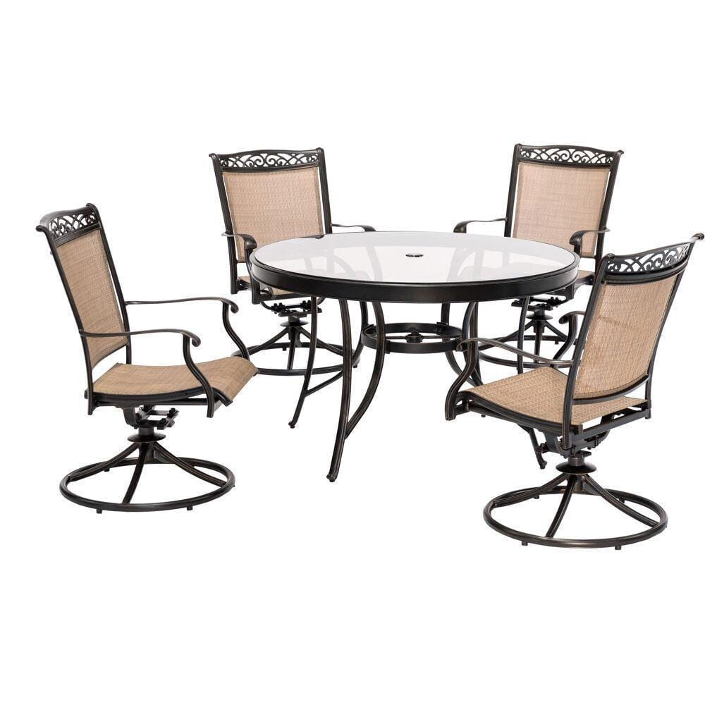 Hanover Outdoor Dining Set Hanover - 5pc Dining Set: 48" round glass top table, 4 sling swivel rockers, includes cover FNTDN5PCSWG-SC