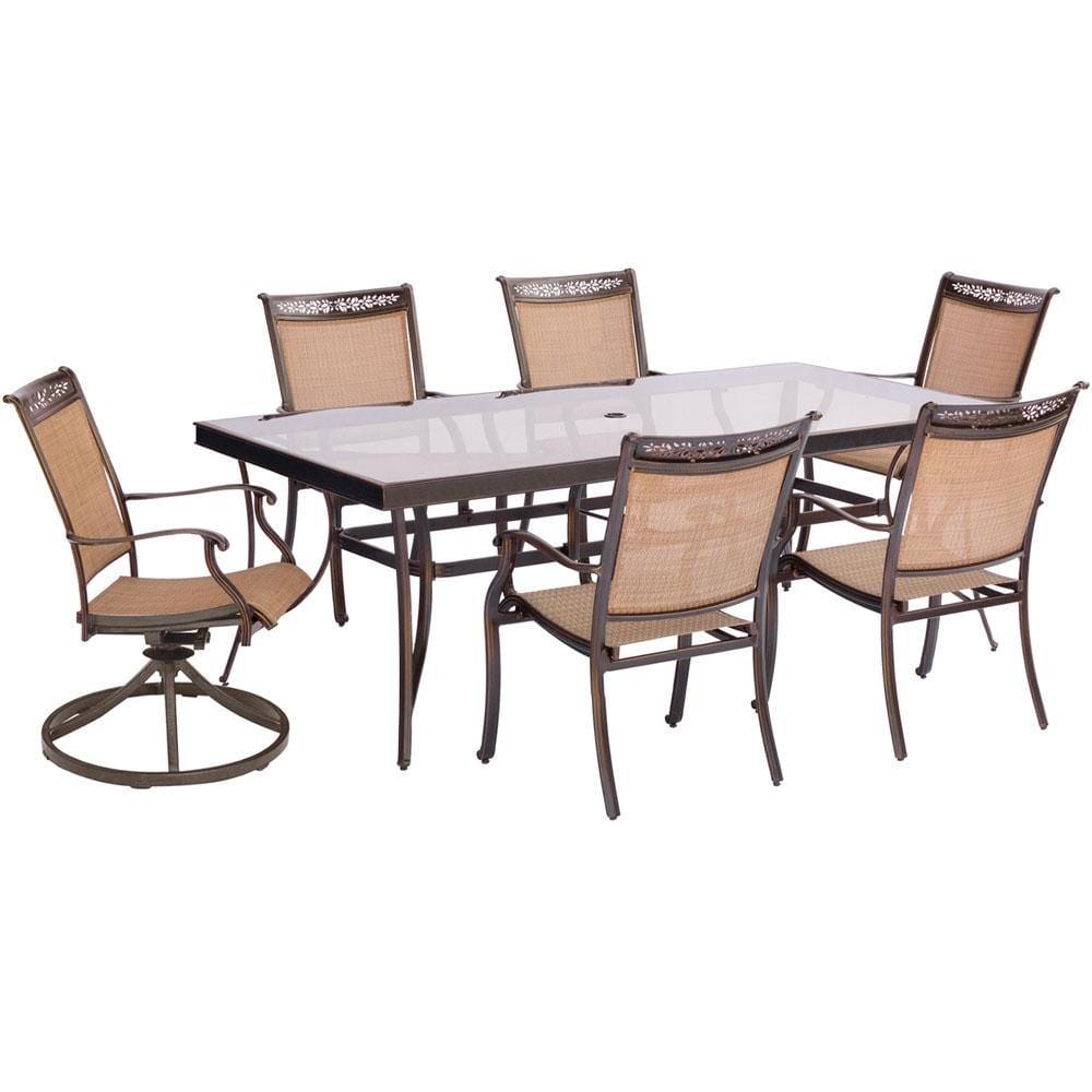 Hanover Outdoor Dining Set Hanover - 7pc Dining Set:42x84" glass top tbl, 4 sling chrs,2 sling swvl rkrs, cover