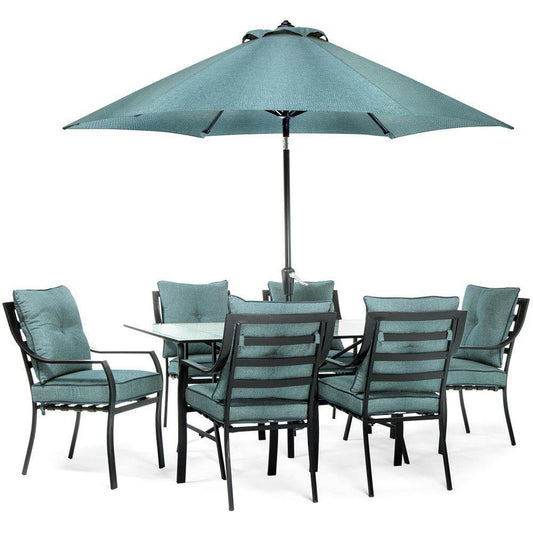 Hanover Outdoor Dining Set Hanover - 7pc Dining Set: 6 Chairs, 1 Table, 1 Umbrella, 1 Umb Base