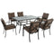 Hanover Outdoor Dining Set Hanover - 7pc Dining Set: 6 steel dining chairs w/cushions, 60x38" glass table