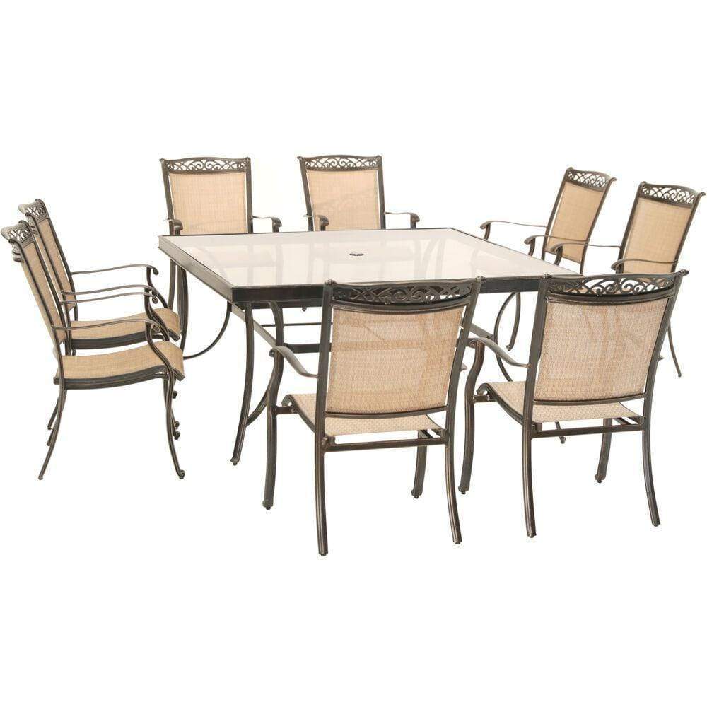 Hanover Outdoor Dining Set Hanover - 9 piece Dining Set: 60" square glass top table, 8 sling dining chairs, includes cover FNTDN9PCSQG-SC