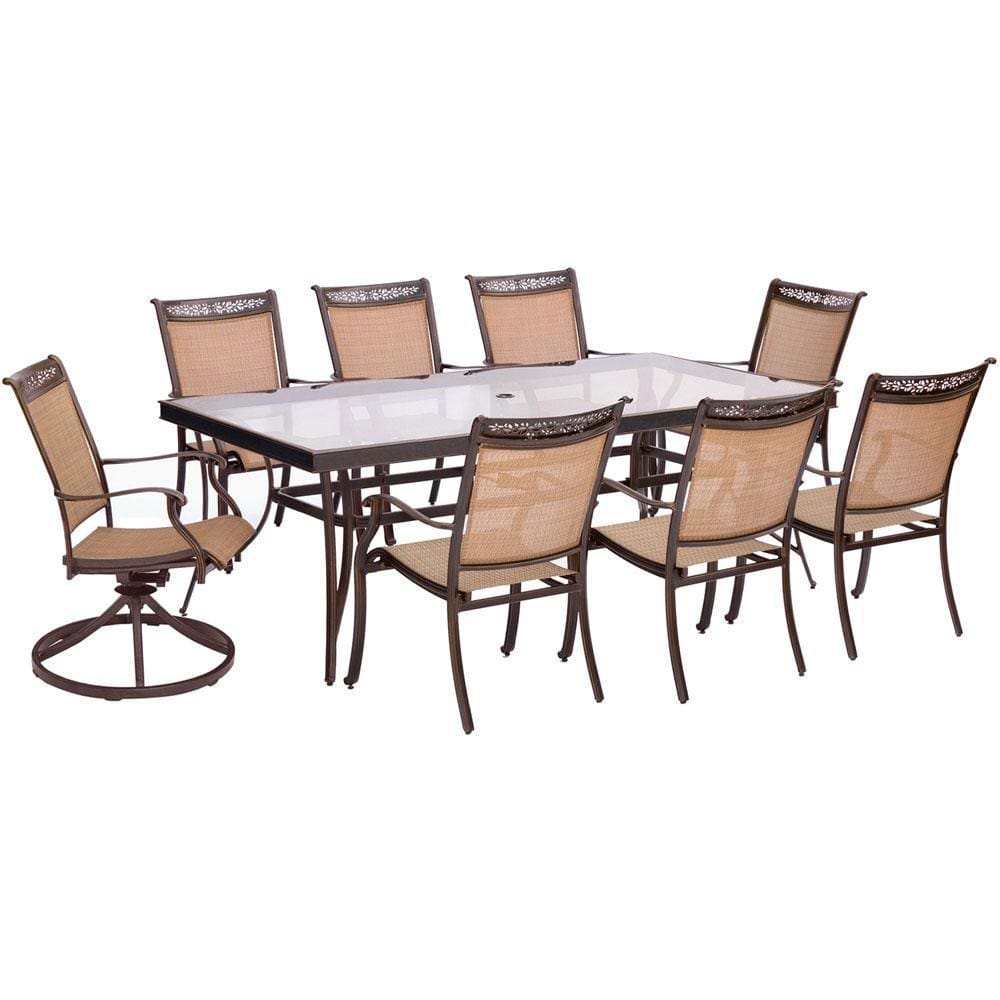 Hanover Outdoor Dining Set Hanover - 9pc Dining Set:42x84"glass top tbl,6 sling chrs, 2 sling swvl rckrs, cover FNTDN9PCSWG-2-SC