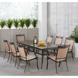 Hanover Outdoor Dining Set Hanover - 9pc Dining Set: 42x84"glass top tbl, 8 sling dining chairs, includes cover | FNTDN9PCG