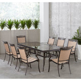 Hanover Outdoor Dining Set Hanover - 9pc Dining Set: 42x84"glass top tbl, 8 sling dining chairs, includes cover | FNTDN9PCG