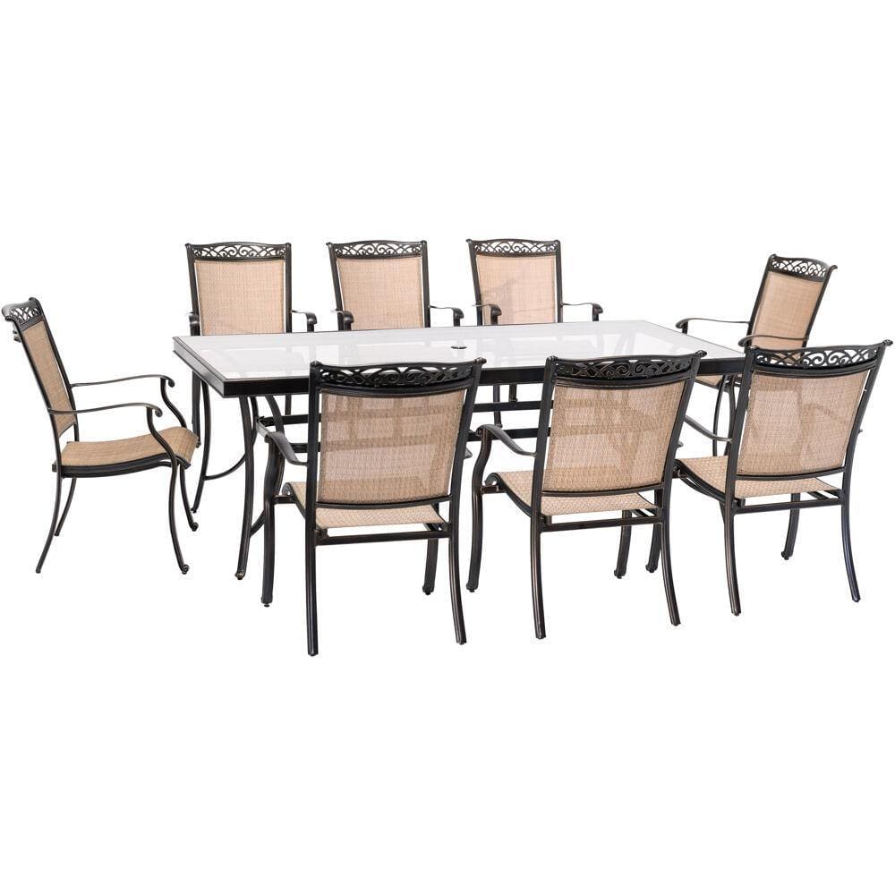 Hanover Outdoor Dining Set Hanover - 9pc Dining Set: 42x84"glass top tbl, 8 sling dining chairs, includes cover FNTDN9PCG-SC