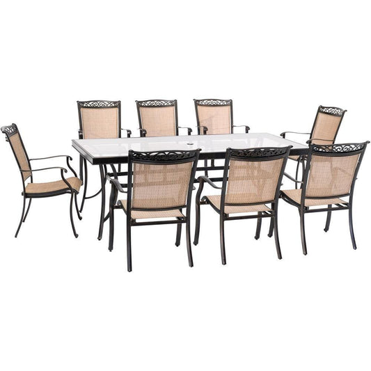 Hanover Outdoor Dining Set Hanover - 9pc Dining Set: 42x84"glass top tbl, 8 sling dining chairs, includes cover FNTDN9PCG-SC