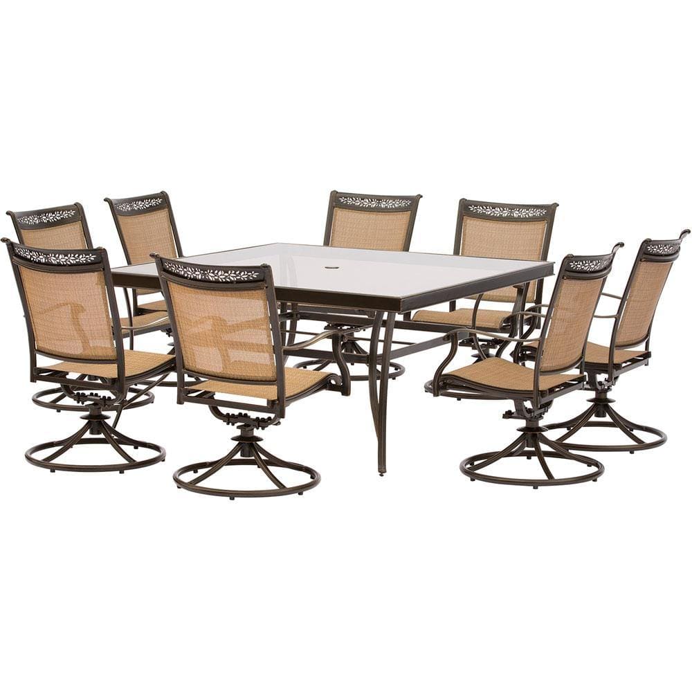 Hanover Outdoor Dining Set Hanover - 9pc Dining Set: 60" sq glass top tbl, 8 sling swivel rockers, cover FNTDN9PCSWSQG-SC