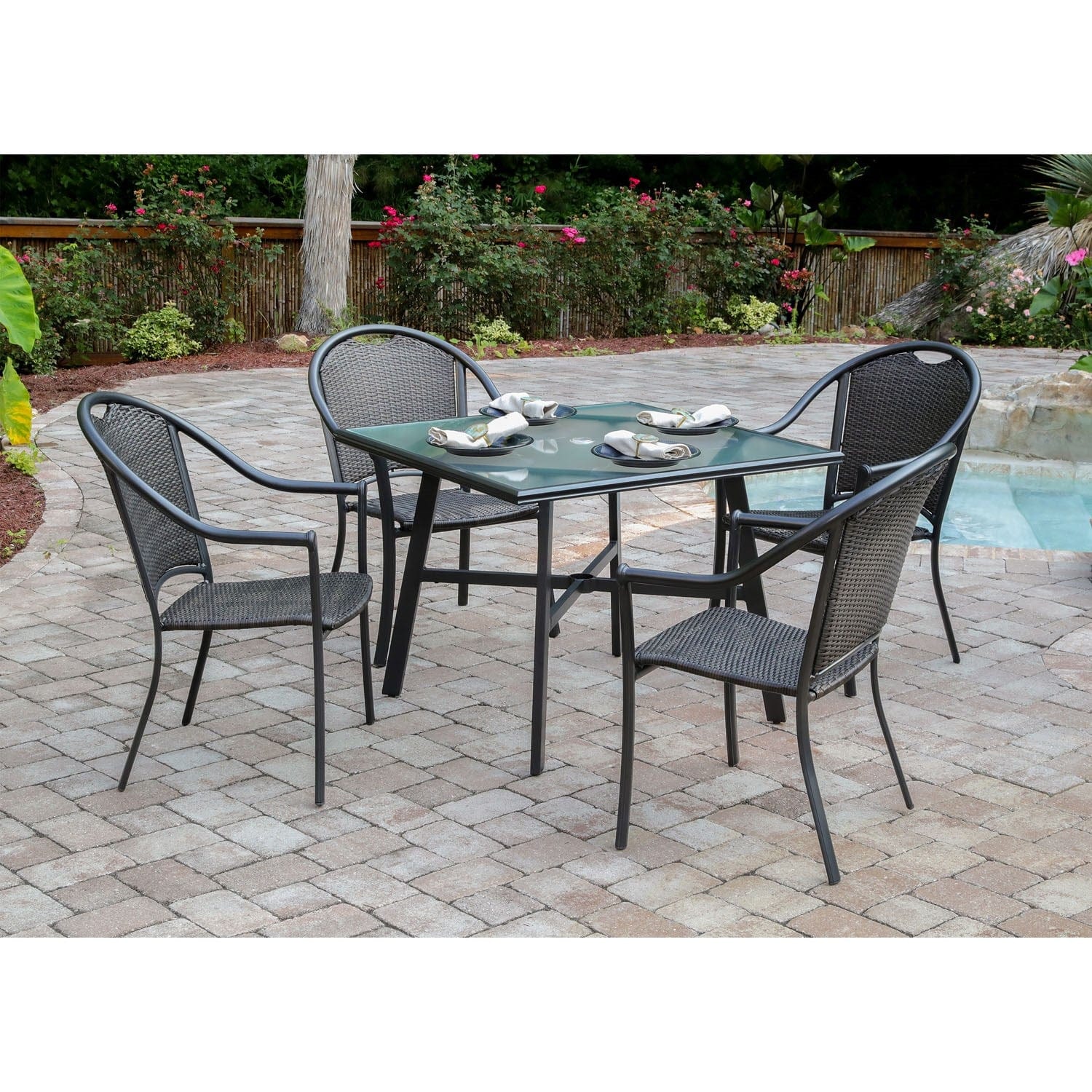 Hanover Outdoor Dining Set Hanover - Bambray 5 Piece Dining Set | 4 Woven Dining Chairs | 1 38" Sq Glass Table | Brown | BAMDN5PCG
