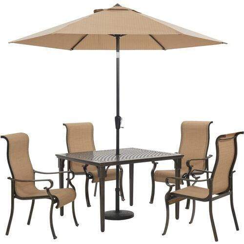 Hanover Outdoor Dining Set Hanover Brigantine 5-Piece Outdoor Dining Set with 4 Contoured-Sling Chairs, 42-In. Square Cast-Top Table, 9-Ft. Umbrella, and Base - BRIGDN5PCSQ-SU