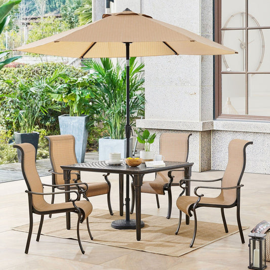 Hanover Outdoor Dining Set Hanover Brigantine 5 Piece Outdoor Dining Set with 4 Contoured-Sling Chairs, 42-In. Square Cast-Top Table, 9-Ft. Umbrella, and Base - BRIGDN5PCSQ-SU