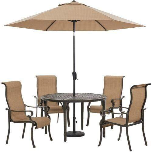 Hanover Outdoor Dining Set Hanover Brigantine 5-Piece Outdoor Dining Set with 4 Contoured-Sling Chairs, 50-In. Round Cast-Top Table, 9-Ft. Umbrella, and Base - BRIGDN5PCRD-SU