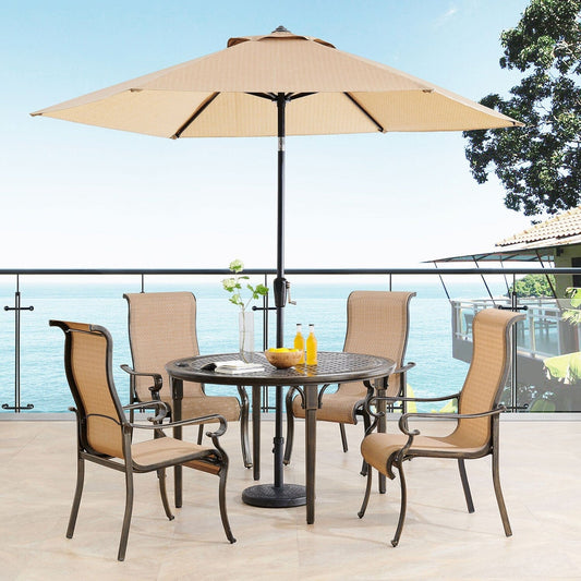 Hanover Outdoor Dining Set Hanover Brigantine 5 Piece Outdoor Dining Set with 4 Contoured-Sling Chairs, 50-In. Round Cast-Top Table, 9-Ft. Umbrella and Base - BRIGDN5PCRD-SU