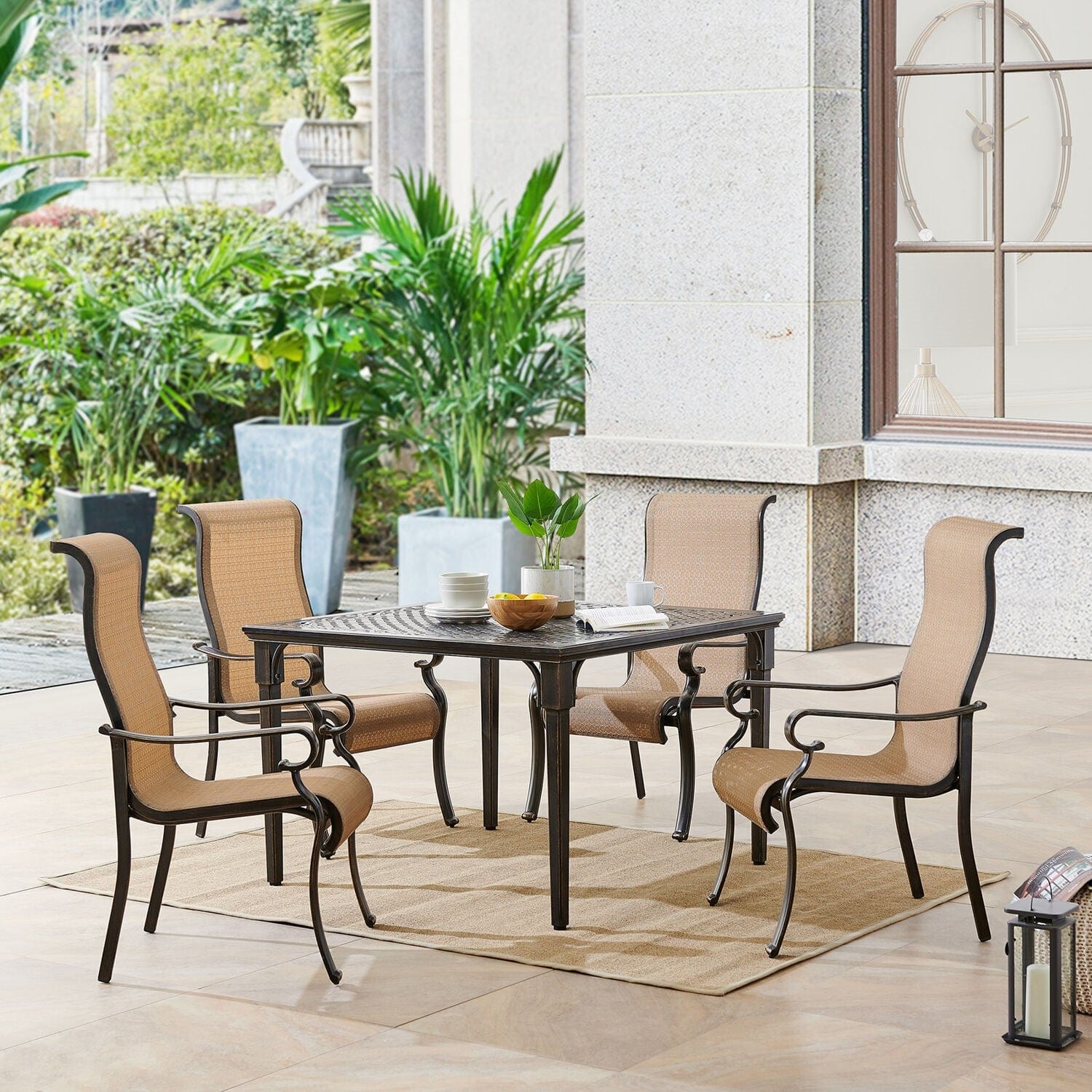 Hanover Outdoor Dining Set Hanover Brigantine 5 Piece Outdoor Dining Set with 4 Contoured-Sling Chairs and a 42-In. Square Cast-Top Table | Tan/Bronze | BRIGDN5PCSQ