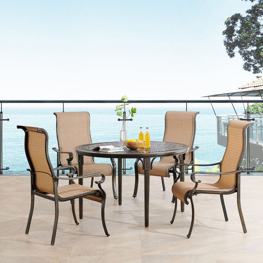 Hanover Outdoor Dining Set Hanover Brigantine 5 Piece Outdoor Dining Set with 4 Contoured-Sling Chairs and a 50-In. Round Cast-Top Table - Tan/Bronze -BRIGDN5PCRD