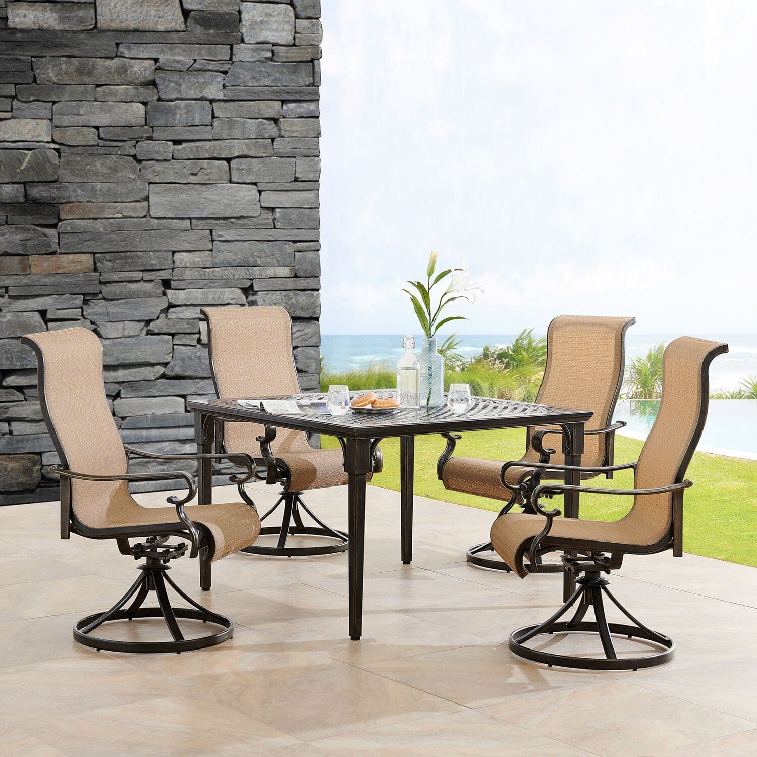 Hanover Outdoor Dining Set Hanover Brigantine 5 Piece Outdoor Dining Set with 4 Contoured-Sling Swivel Rockers and a 42-In. Square Cast-Top Table - BRIGDN5PCSWSQ