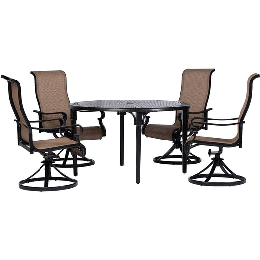 Hanover Outdoor Dining Set Hanover Brigantine 5 Piece Outdoor Dining Set with 4 Contoured-Sling Swivel Rockers and a 50-In. Round Cast-Top Table - Tan/Bronze - BRIGDN5PCSWRD