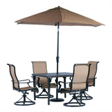 Hanover Outdoor Dining Set Hanover Brigantine 5 Piece Outdoor Dining Set with 4 Sling Swivel Rockers, 42-In. Square Cast-Top Table, 9-Ft. Umbrella and Base - Tan/Bronze - BRIGDN5PCSWSQ-SU