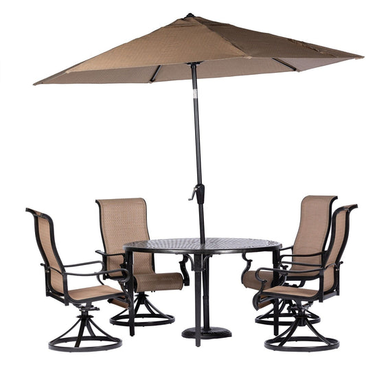 Hanover Outdoor Dining Set Hanover Brigantine 5 Piece Outdoor Dining Set with 4 Sling Swivel Rockers, 50-In. Round Cast-Top Table, 9-Ft. Umbrella and Base - Tan/Bronze - BRIGDN5PCSWRD-SU