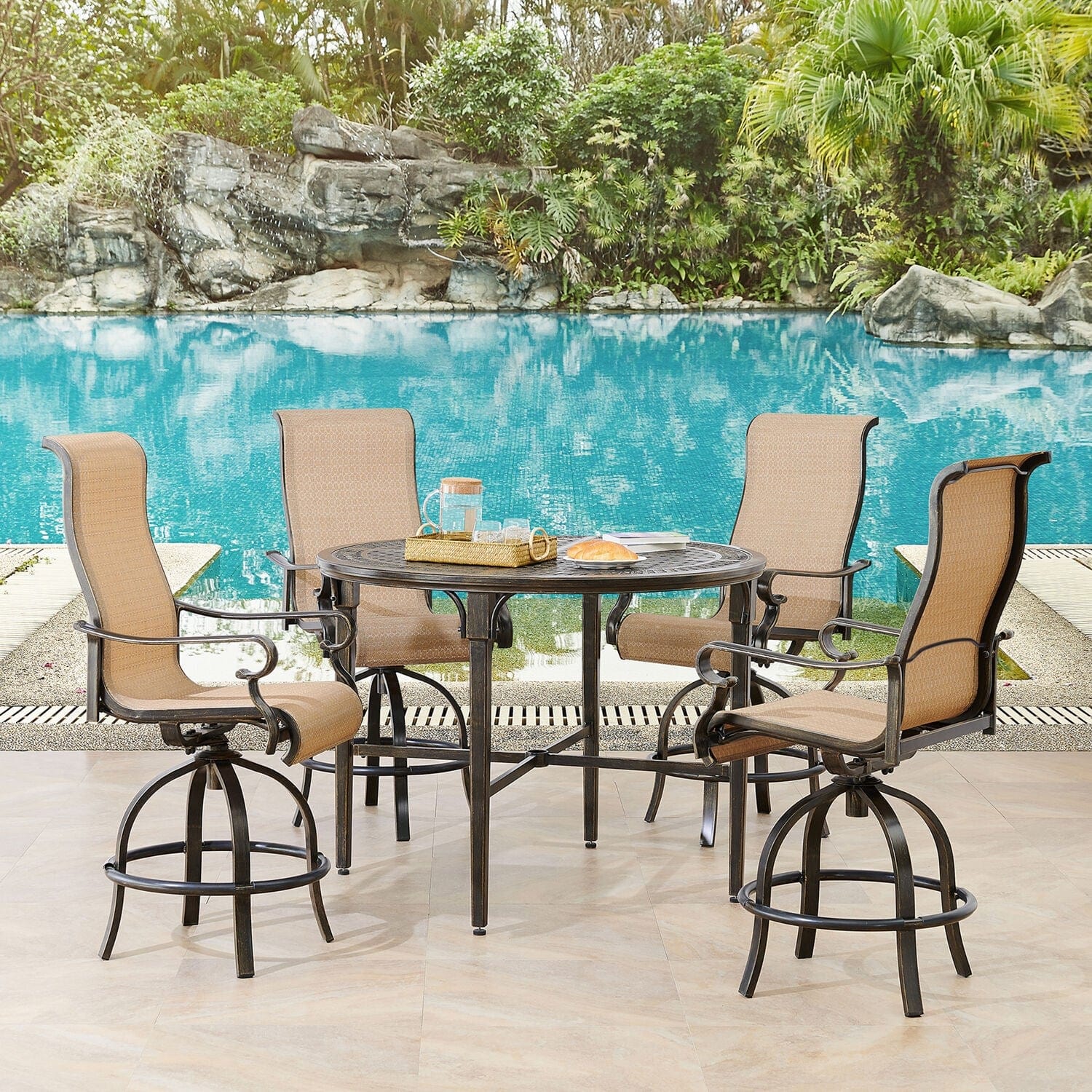 Hanover Outdoor Dining Set Hanover Brigantine 5-Piece Outdoor High-Dining Set with 4 Contoured-Sling Swivel Chairs and a 50-In. Round Cast-Top Table - BRIGDN5PCBR