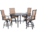 Hanover Outdoor Dining Set Hanover Brigantine 5 Piece Outdoor High-Dining Set with 4 Contoured-Sling Swivel Chairs and a 50-In. Round Cast-Top Table - Tan/Bronze - BRIGDN5PCBR
