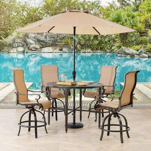 Hanover Outdoor Dining Set Hanover - Brigantine 5-Piece Outdoor High-Dining Set with 4 Sling Swivel Chairs, 50-In. Round Cast-Top Table, 9-Ft. Umbrella, and Base