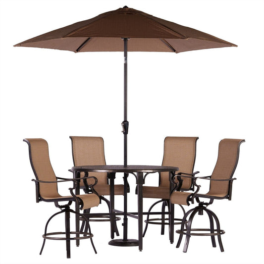 Hanover Outdoor Dining Set Hanover - Brigantine 5-Piece Outdoor High-Dining Set with 4 Sling Swivel Chairs, 50-In. Round Cast-Top Table, 9-Ft. Umbrella and Base - Tan/Bronze - BRIGDN5PCBR-SU