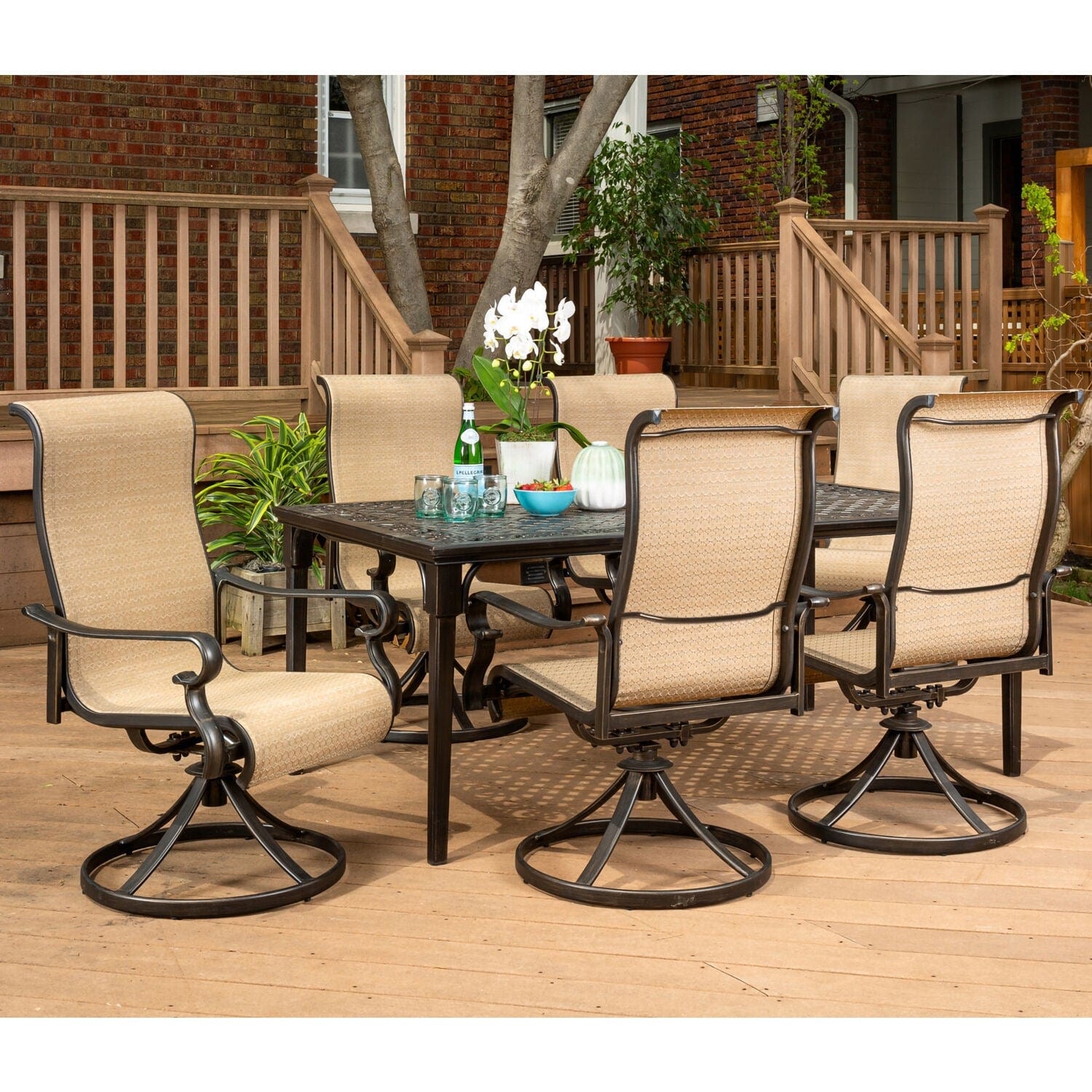 Hanover Outdoor Dining Set Hanover Brigantine 7-Piece Dining Set with a 40" x 70" Cast-Top Dining Table and 6 Sling Swivel Rockers - BRIGDN7PCSW-6