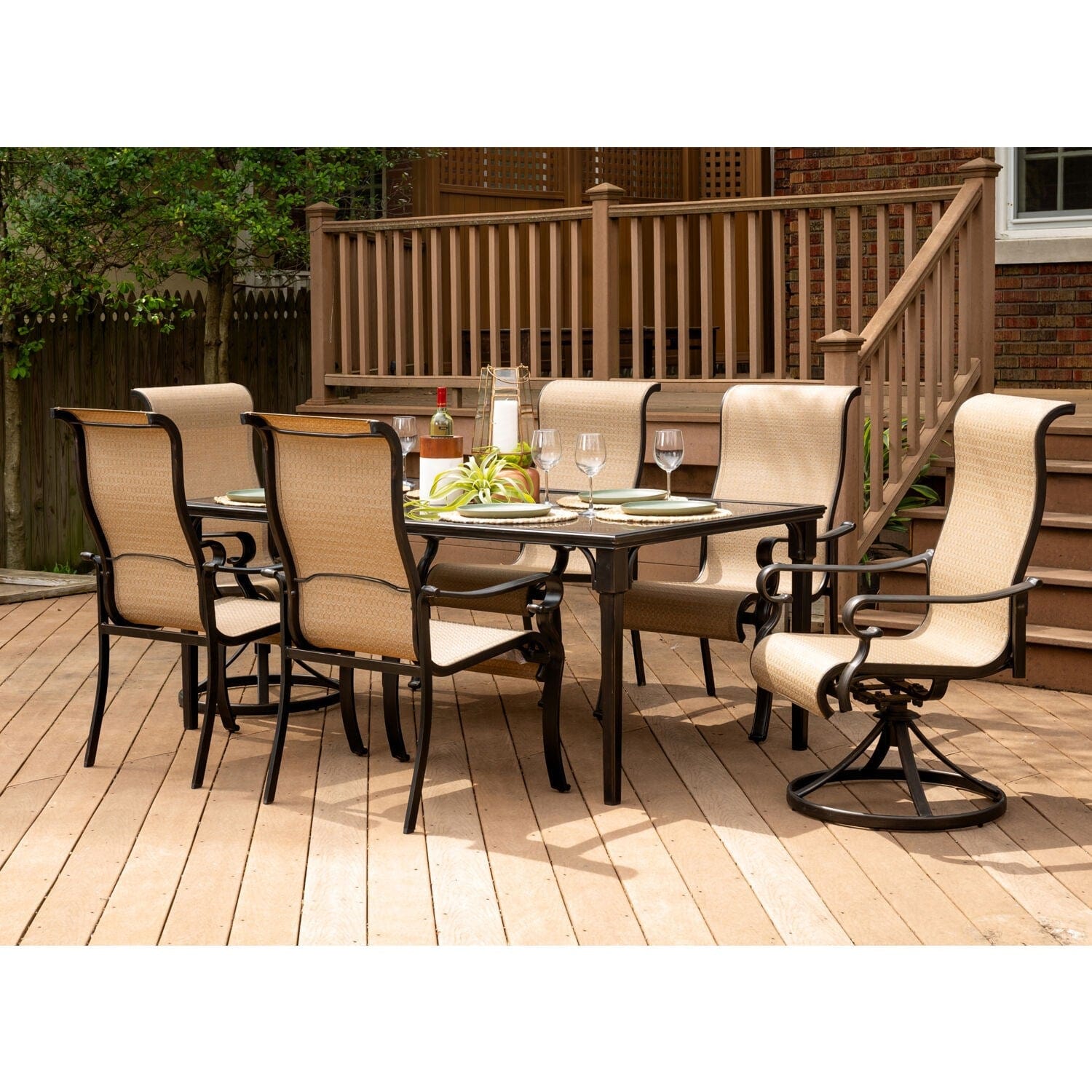 Hanover Outdoor Dining Set Hanover Brigantine 7 Piece Dining Set with a 40" x 70" Glass-Top Dining Table, 2 Sling Swivel Rockers, and 4 Sling Dining Chairs - Cast/Tan - BRIGDN7PCSWG-2