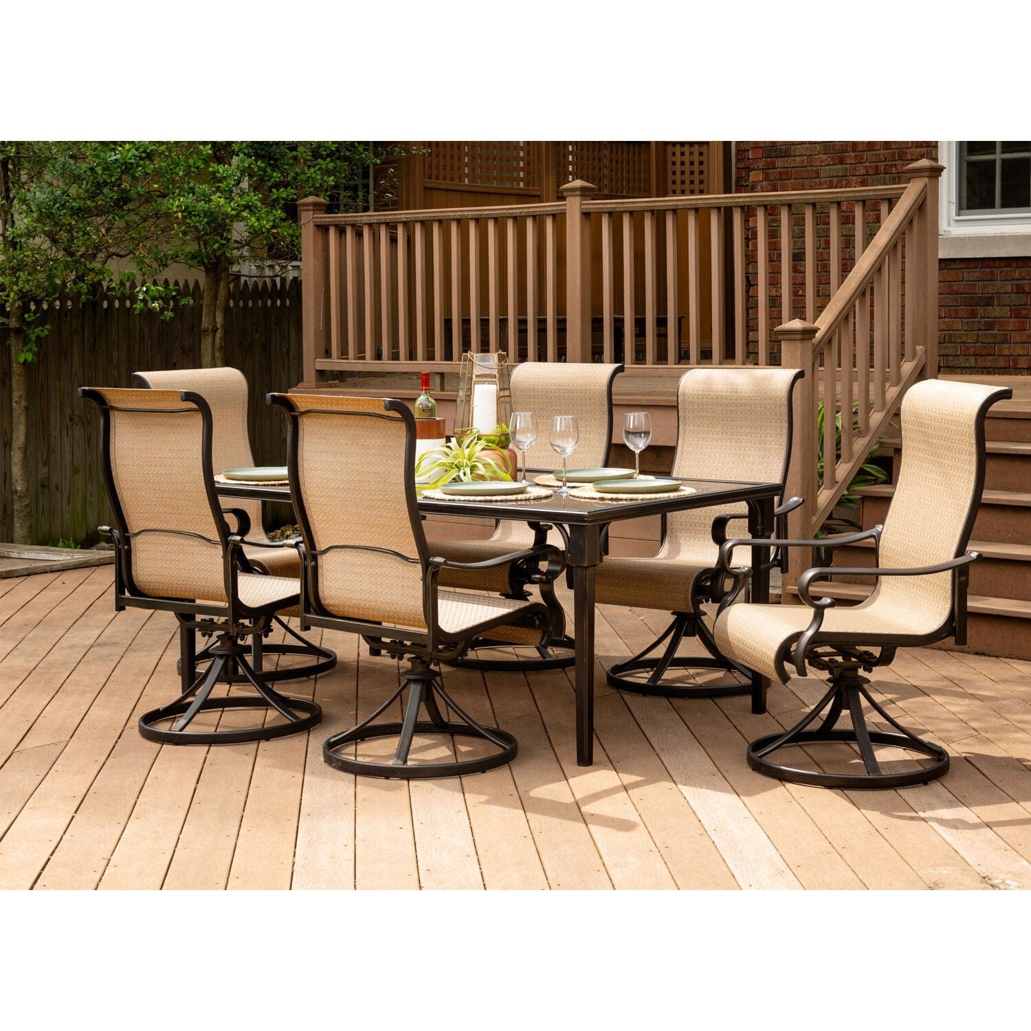 Hanover Outdoor Dining Set Hanover - Brigantine 7-Piece Dining Set with a 40" x 70" Glass-Top Dining Table and 6 Sling Swivel Rockers - BRIGDN7PCSWG-6