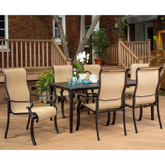 Hanover Outdoor Dining Set Hanover Brigantine 7-Piece Outdoor Dining Set with Cast-Top Table | 6 Sling Chairs | Tan/Cast Aluminum- BRIGANTINE7PC