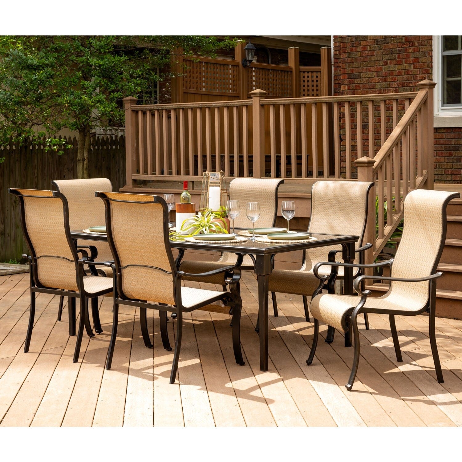 Hanover Outdoor Dining Set Hanover Brigantine 7 Piece Outdoor Dining Set with Glass-Top Table | 6 Sling Chairs | Tan/Cast Aluminum - BRIGDN7PC-GLS
