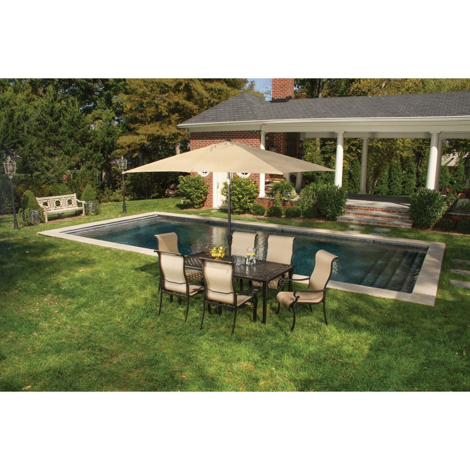 Hanover Outdoor Dining Set Hanover Brigantine 7 Piece Outoor Dining Set with Cast-Top Table and 9 Ft. Umbrella | Aluminum Table | 6 Chairs | Base - Tan/Cast Aluminum | BRIGDN7PC-SU