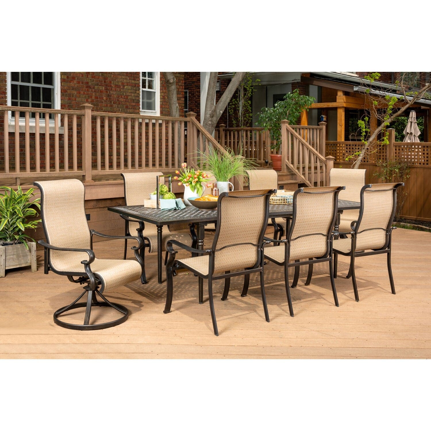 Hanover Outdoor Dining Set Hanover Brigantine 9-Piece Dining Set with an Expandable Cast-Top Dining Table, 2 Sling Swivel Rockers, and 6 Sling Dining Chairs - BRIGDN9PCSW2-EX
