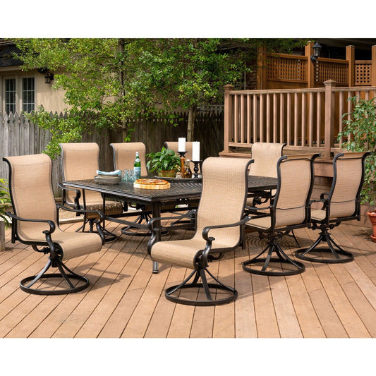 Hanover Outdoor Dining Set Hanover - Brigantine 9-Piece Dining Set | XL Cast-Top Dining Table | 8 Sling-back Swivel Rockers | BRIGDN9PCSW8