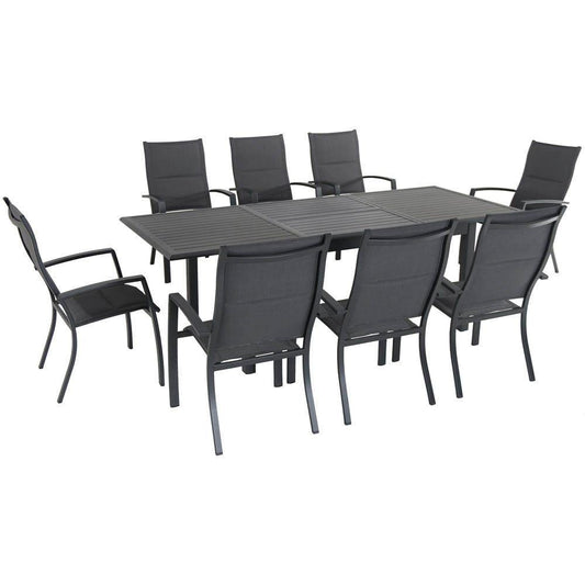 Hanover Outdoor Dining Set Hanover - Cameron 9-Piece Expandable Dining Set with 8 Padded Sling Dining Chairs and a 40" x 94" Table