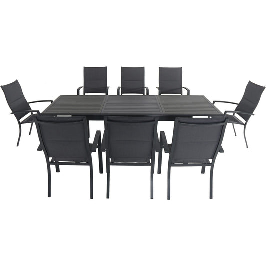 Hanover Outdoor Dining Set Hanover - Cameron 9-Piece Expandable Dining Set with 8 Padded Sling Dining Chairs and a 40" x 94" Table - CAMDN9PCHB-GRY